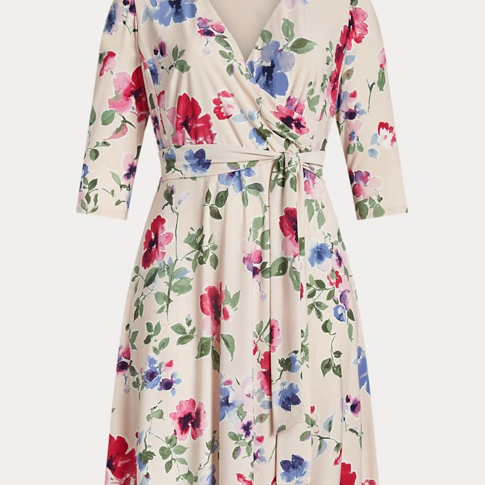 Ralph Lauren Pink and Red Wrap Jersey Midi Dress with‎ V-Neck